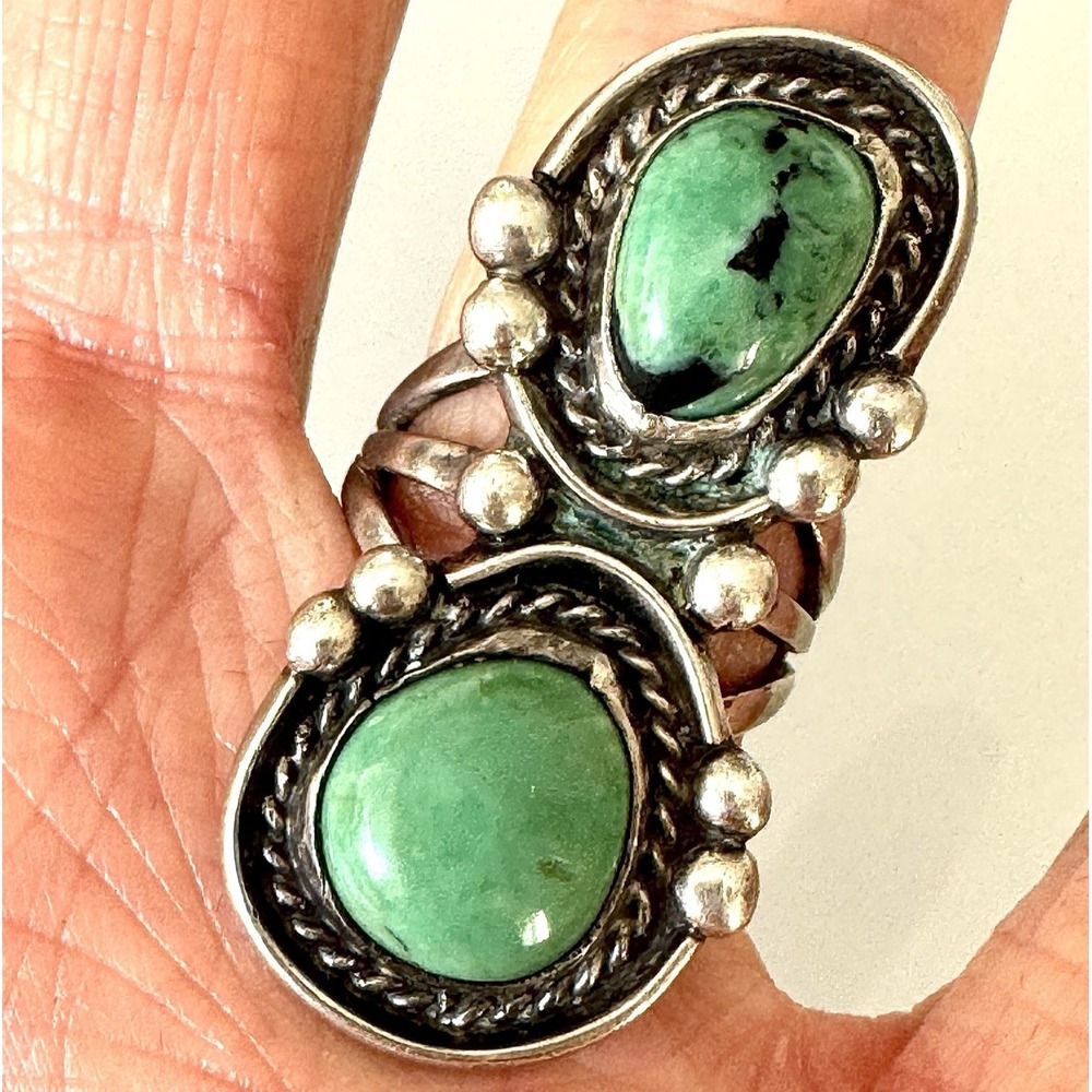 VTG Navajo Royston Turquoise Ring Sz 6 Two Stone Sterling 12.9g Native Amer Long